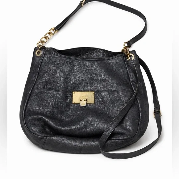 Michael Kors Bedford Large Black Pebbled Leather Shoulder Bag Gold Chain Hobo - Picture 2 of 13